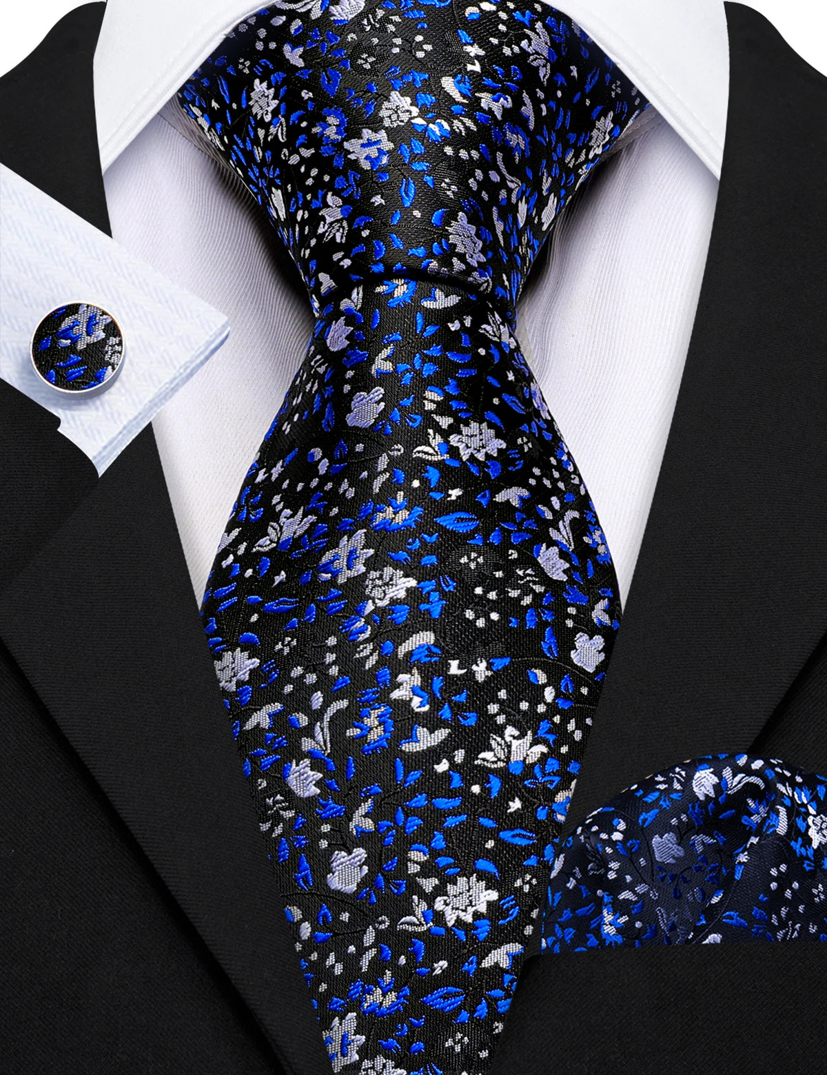 Elegant Spring Style Flower Necktie Hanky Cufflinks Men Tie Set