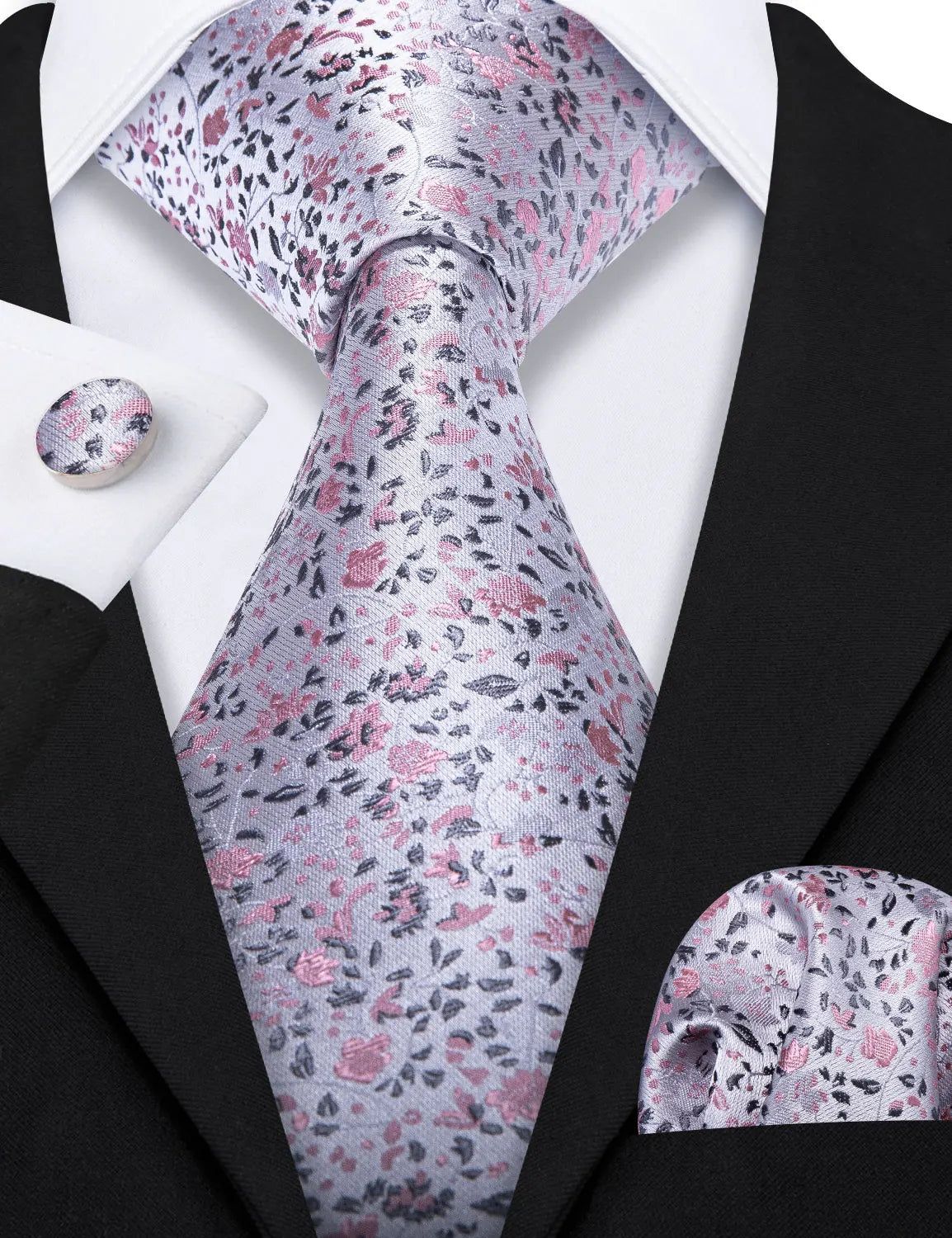 Elegant Spring Style Flower Necktie Hanky Cufflinks Men Tie Set
