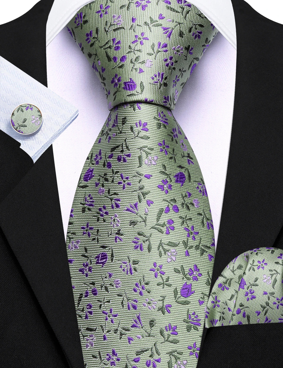 Elegant Spring Style Flower Necktie Hanky Cufflinks Men Tie Set