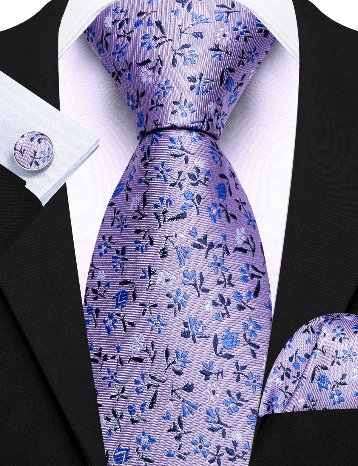 Elegant Spring Style Flower Necktie Hanky Cufflinks Men Tie Set