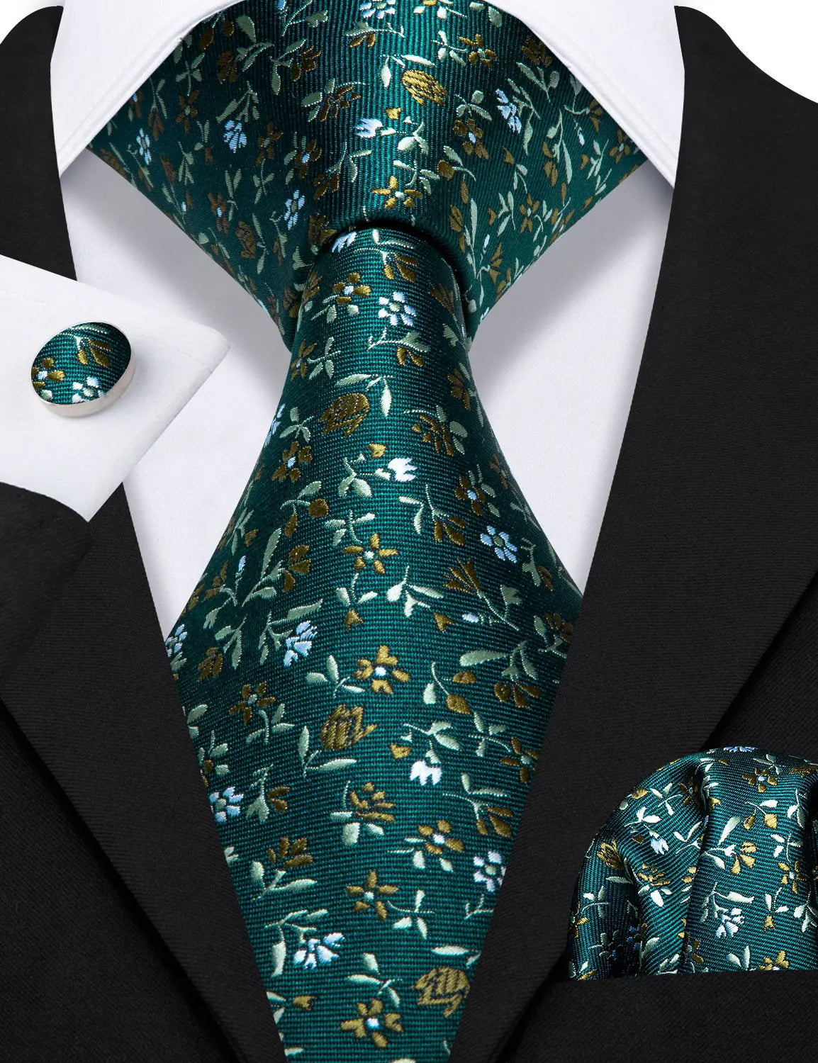 Green Elegant Spring Style Flower Necktie Hanky Cufflinks Men Tie Set