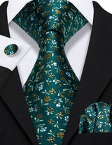 Green Elegant Spring Style Flower Necktie Hanky Cufflinks Men Tie Set