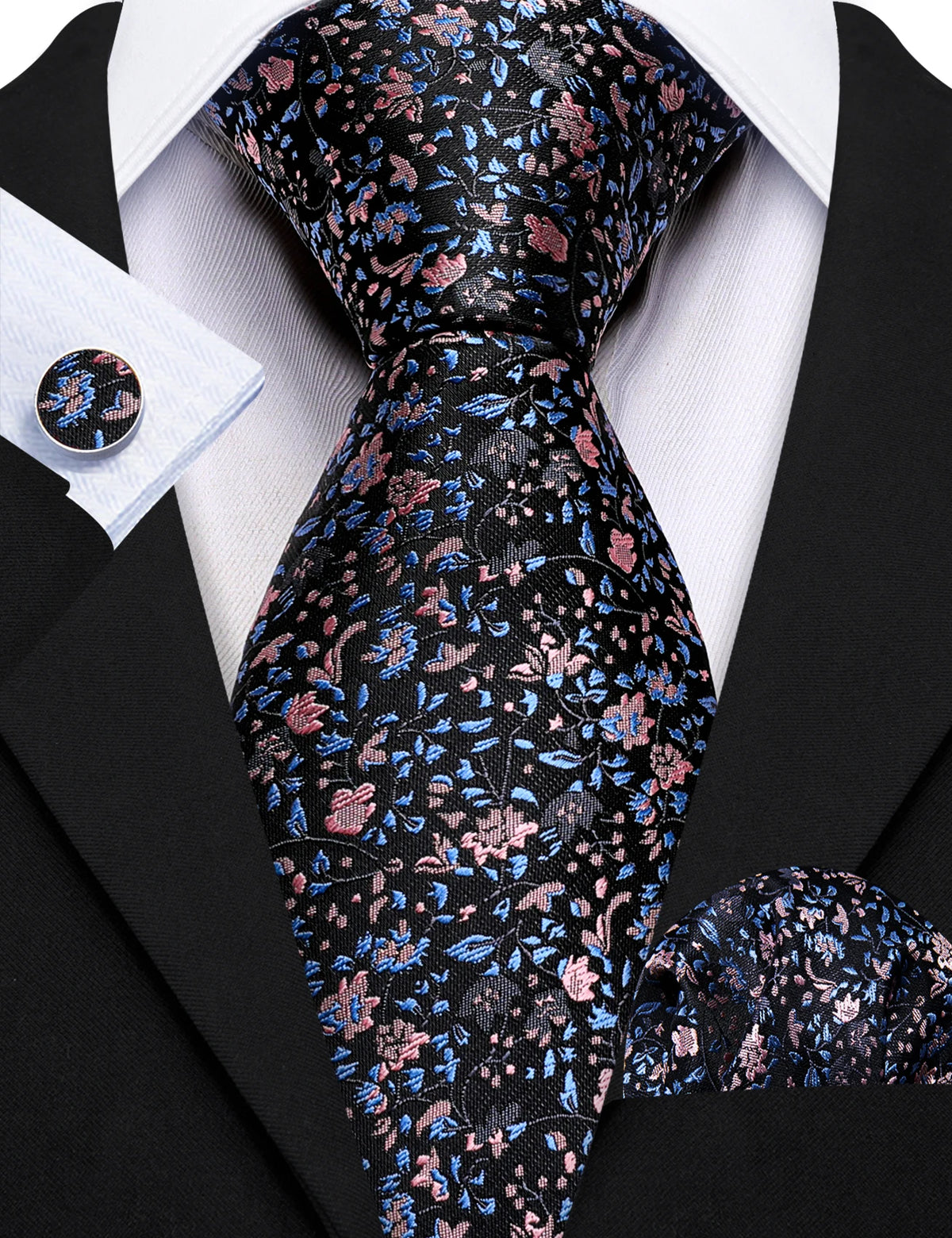 Elegant Spring Style Flower Necktie Hanky Cufflinks Men Tie Set