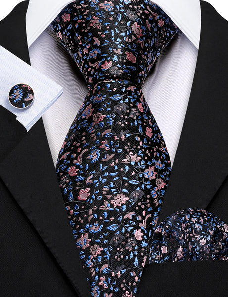 Elegant Spring Style Flower Necktie Hanky Cufflinks Men Tie Set