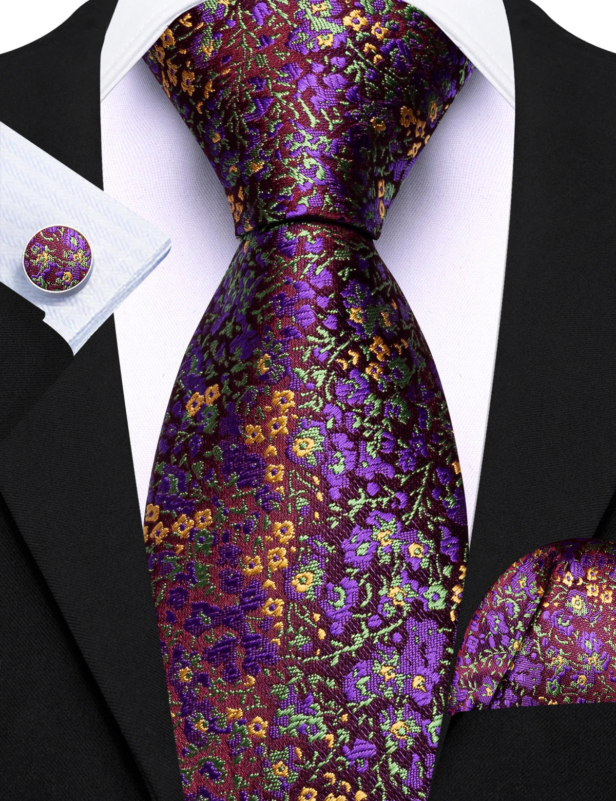 Purple Elegant Spring Style Flower Necktie Hanky Cufflinks Men Tie Set