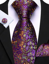 Purple Elegant Spring Style Flower Necktie Hanky Cufflinks Men Tie Set