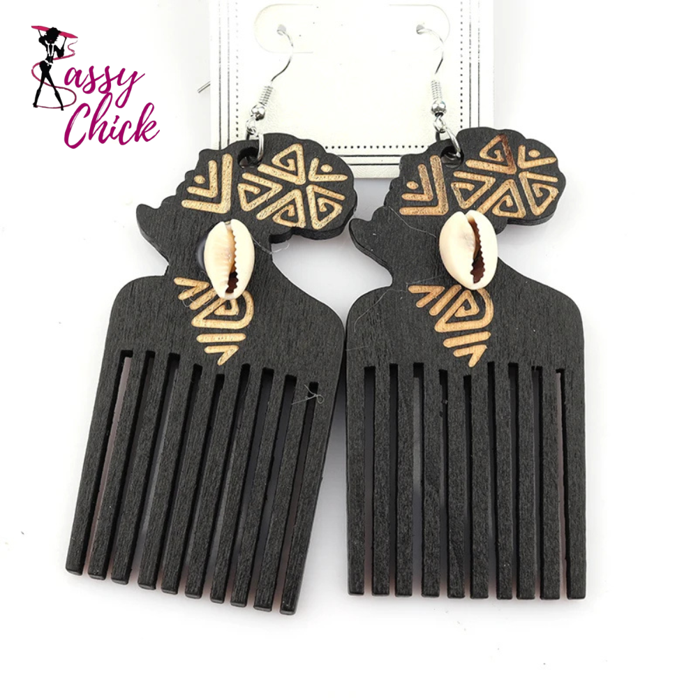 Engraved Shell Africa Map Wooden Earrings Sassy Chick Logo