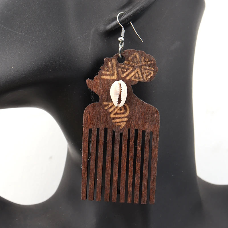 Engraved Shell Africa Map Wooden Earrings