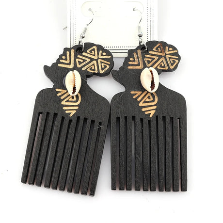 Engraved Shell Africa Map Wooden Earrings