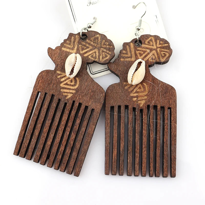Engraved Shell Africa Map Wooden Earrings