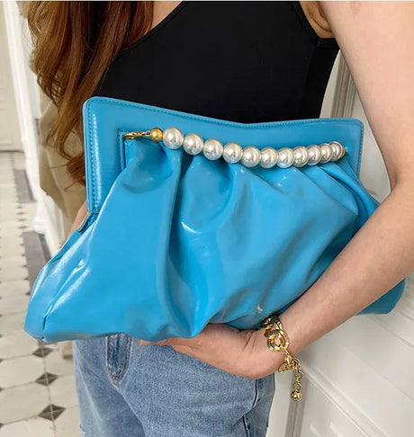 Blue Envelope Clutches Pearl Handbag