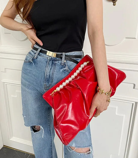 Red Envelope Clutches Pearl Handbag