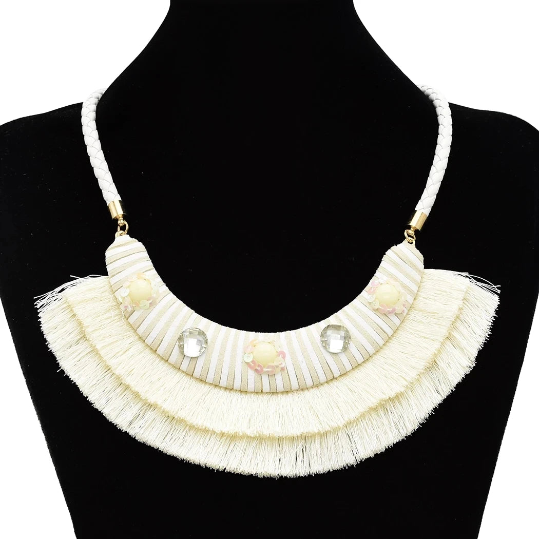 White Ethnic Bohemian Gypsy Thread Long Tassel Necklaces
