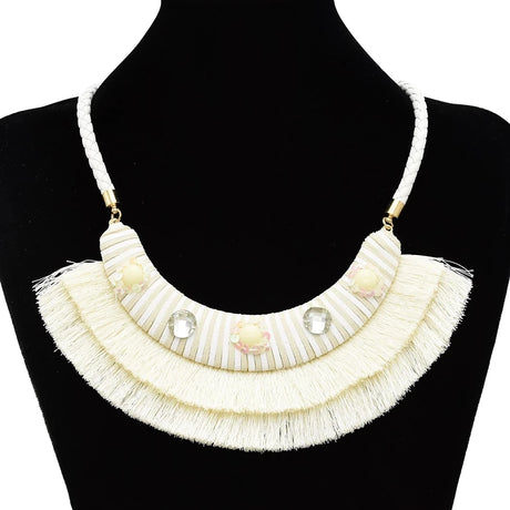 White Ethnic Bohemian Gypsy Thread Long Tassel Necklaces