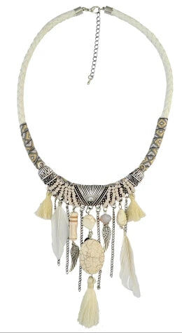 Beige Ethnic Bohemian Gypsy Thread Long Tassel Necklaces