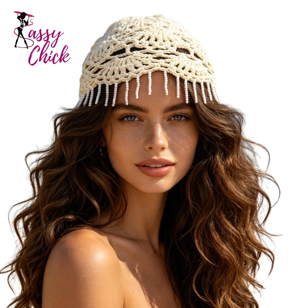 Ethnic Hollow Pearl Tassel Knitted Hat Headwrap Sassy Chick Logo