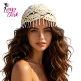 Ethnic Hollow Pearl Tassel Knitted Hat Headwrap Sassy Chick Logo
