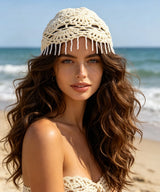 Ethnic Hollow Pearl Tassel Knitted Hat Headwrap