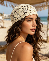 Ethnic Hollow Pearl Tassel Knitted Hat Headwrap