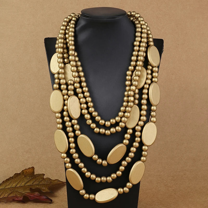 Ethnic Necklace Multi Layer Beads Wood  Necklace gold color
