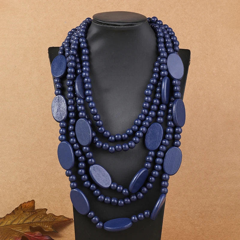 Ethnic Necklace Multi Layer Beads Wood  Necklace navy blue