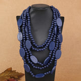 Ethnic Necklace Multi Layer Beads Wood  Necklace navy blue