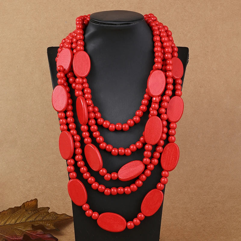 Ethnic Necklace Multi Layer Beads Wood  Necklace red