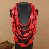 Ethnic Necklace Multi Layer Beads Wood  Necklace red