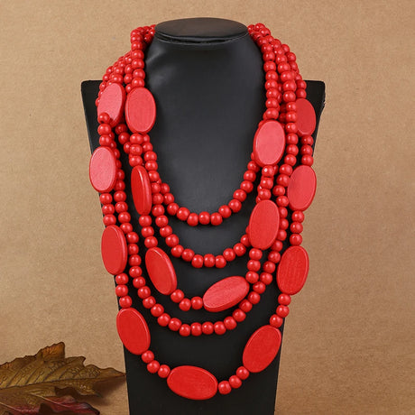 Ethnic Necklace Multi Layer Beads Wood  Necklace red