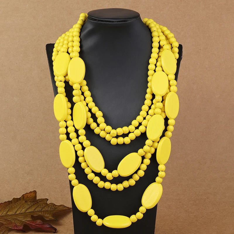 Ethnic Necklace Multi Layer Beads Wood  Necklace yellow