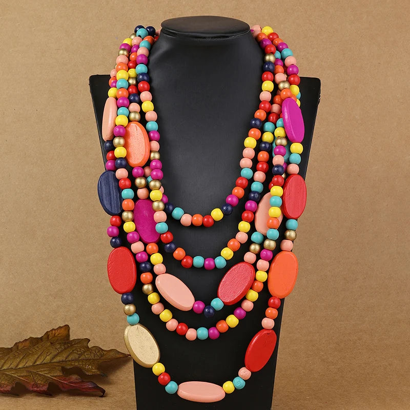 Ethnic Necklace Multi Layer Beads Wood  Necklace multi color
