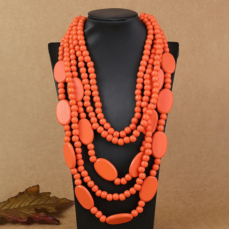 Ethnic Necklace Multi Layer Beads Wood  Necklace orange