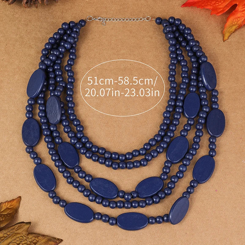 Ethnic Necklace Multi Layer Beads Wood  Necklace blue size