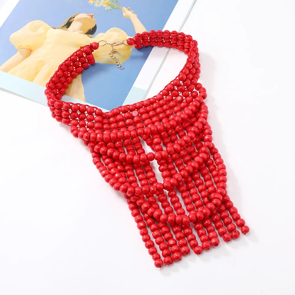 Red Ethnic Style Bohemian Wood Bead Beaded Necklace