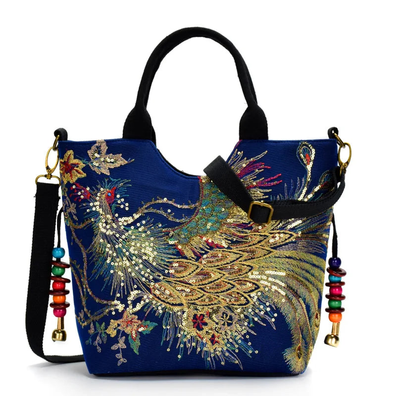 blue peacock embroidery handbag