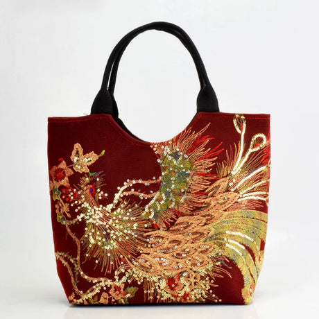 red peacock embroidery handbag