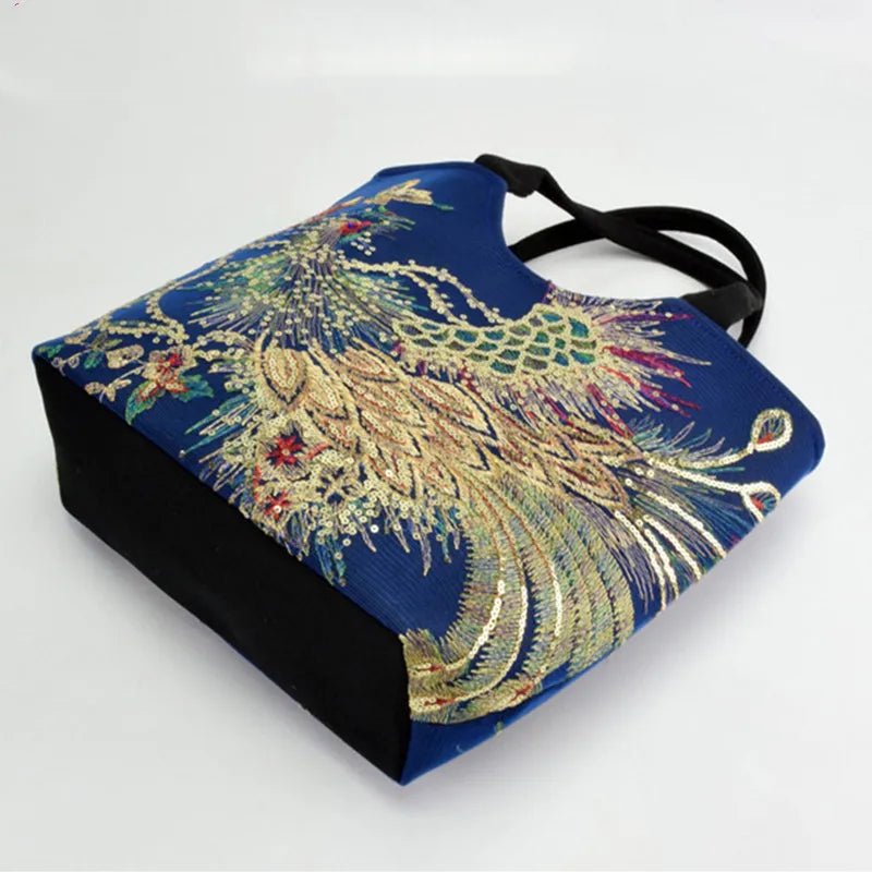 blue peacock embroidery handbag