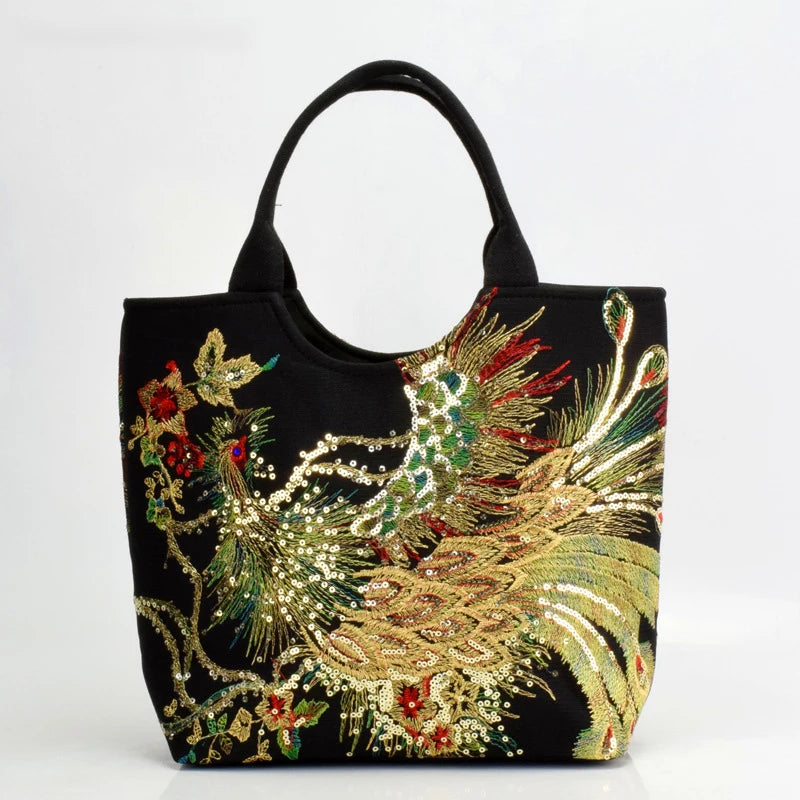 black peacock embroidery handbag