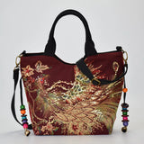 brown peacock embroidery handbag