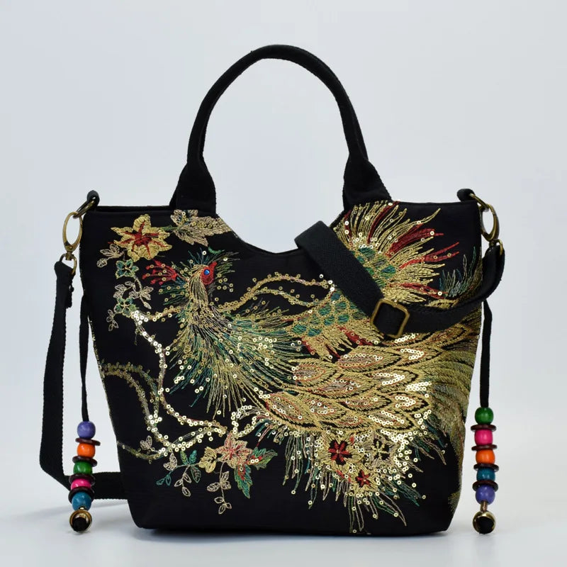 black peacock embroidery handbag