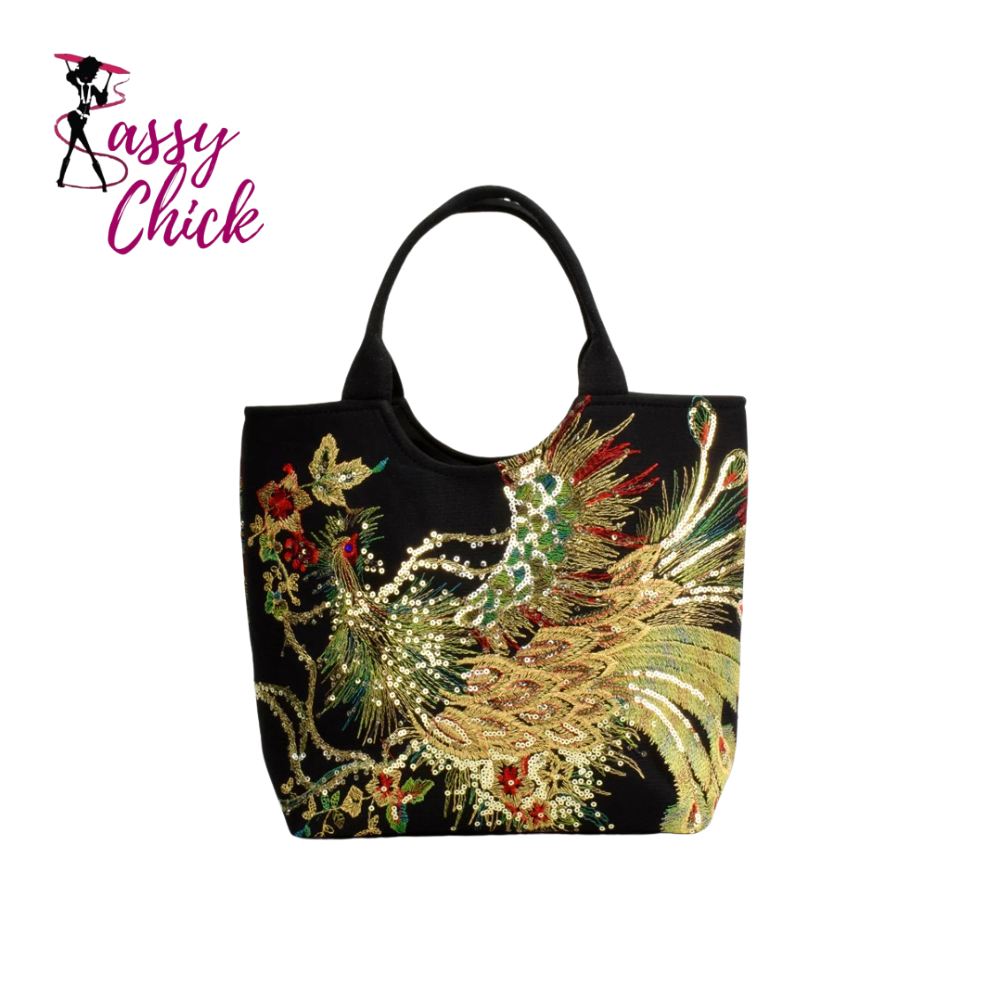 peacock embroidery handbag sassy chick logo