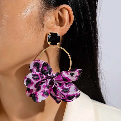 Purple Exaggerated Black Crystal Geometric Circle Petal Pendant Earring