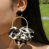 Brown Exaggerated Black Crystal Geometric Circle Petal Pendant Earring