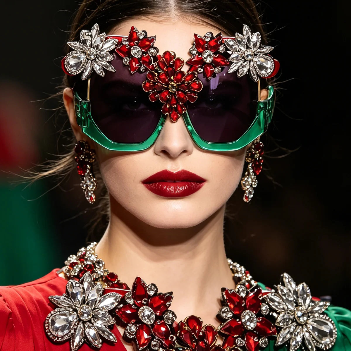 Model Using Exaggerated Luxury Statement Floral Rhinestone Sunglasses