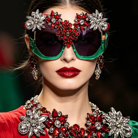 Model Using Exaggerated Luxury Statement Floral Rhinestone Sunglasses