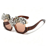 Brown Exaggerated Luxury Statement Floral Rhinestone Sunglasses