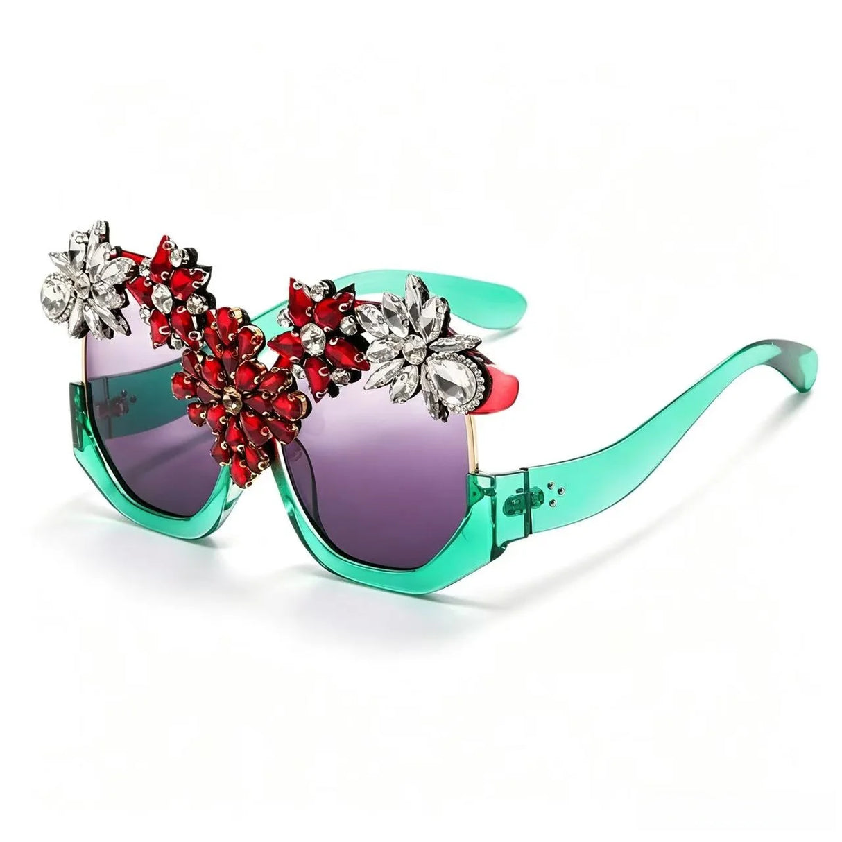 Blue Exaggerated Luxury Statement Floral Rhinestone Sunglasses