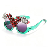 Blue Exaggerated Luxury Statement Floral Rhinestone Sunglasses