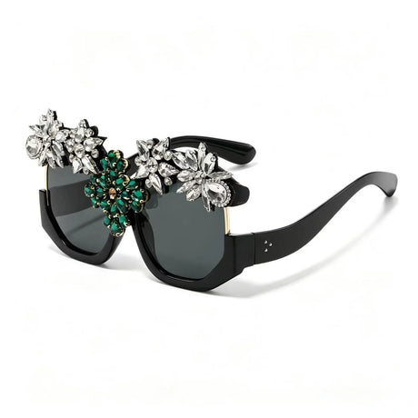 Black Exaggerated Luxury Statement Floral Rhinestone Sunglasses