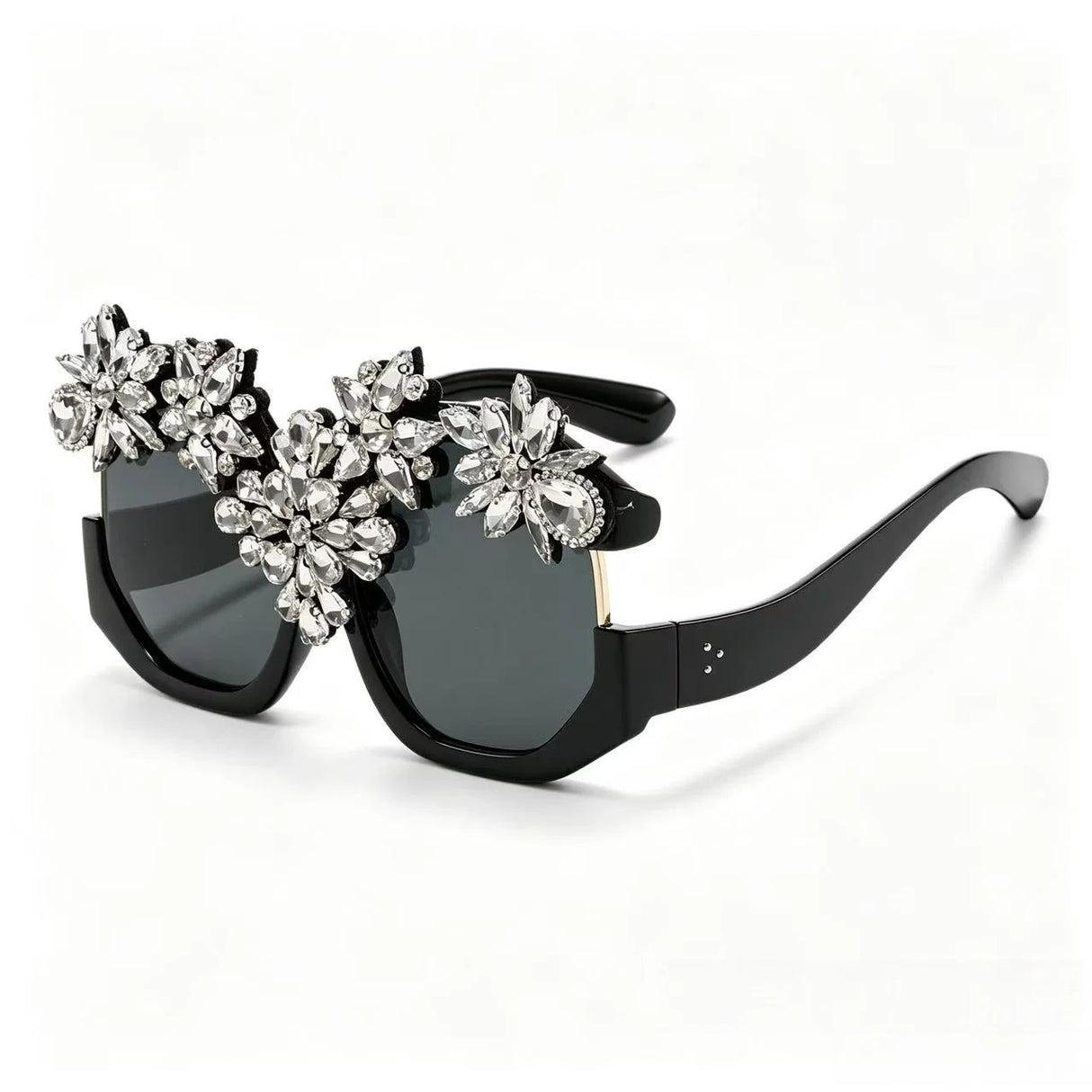 Black Exaggerated Luxury Statement Floral Rhinestone Sunglasses